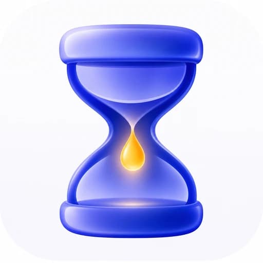Glossy cobalt-blue glass hourglass with rounded ends and a glowing golden droplet suspended in the center on a white background.