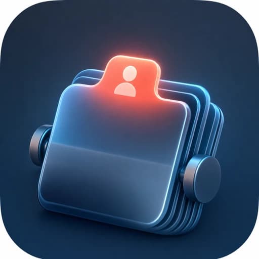 Rounded dark blue icon with stacked translucent contact cards, side knobs, and a glowing coral tab displaying a white person symbol