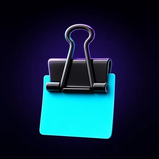 Glossy black binder clip holding a bright cyan note card on a dark navy background with purple and blue rim lighting
