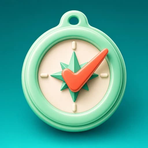 Chunky mint-green compass with a cream face, teal compass rose, coral checkmark-shaped needle, four markers, and a small top loop.